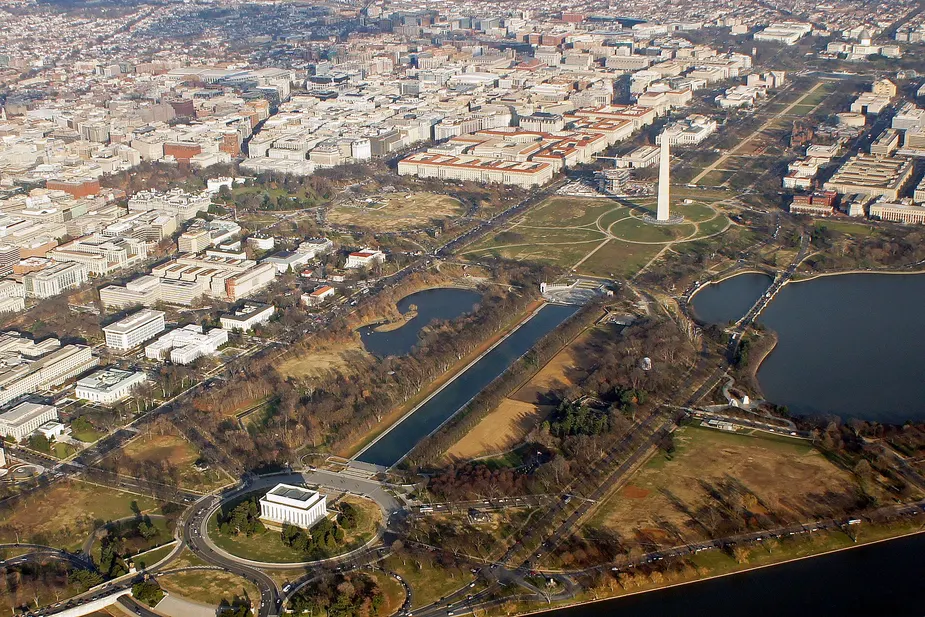 Aerial view of the National Mall in Washington DC with the Lincoln Memorial and Reflecting Pool