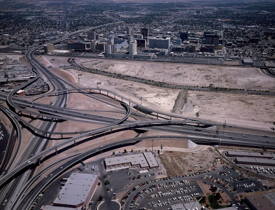 Aerial view of the freeway interchange in downtown Las Vegas, Nevada