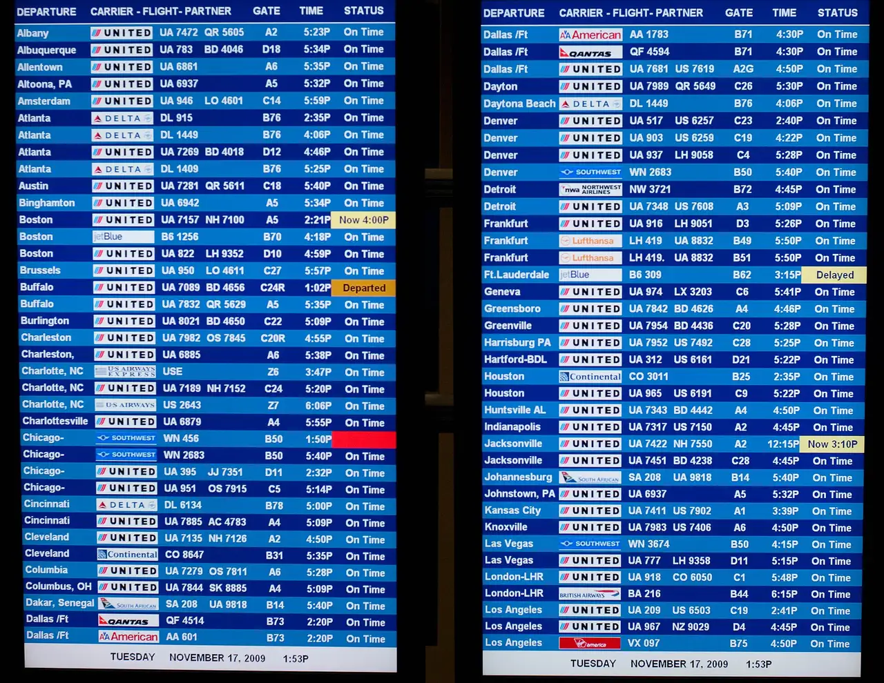 An arrivals and departures board at Washington Dulles International Airport