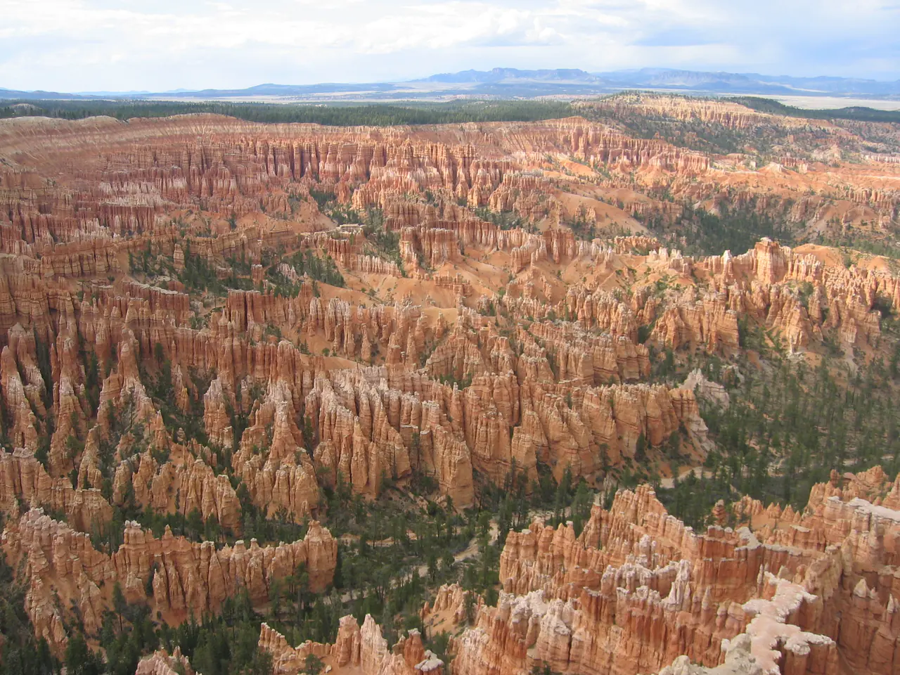 Orange and white limestone hoodoos filling the Bryce Canyon amphitheater in southern Utah