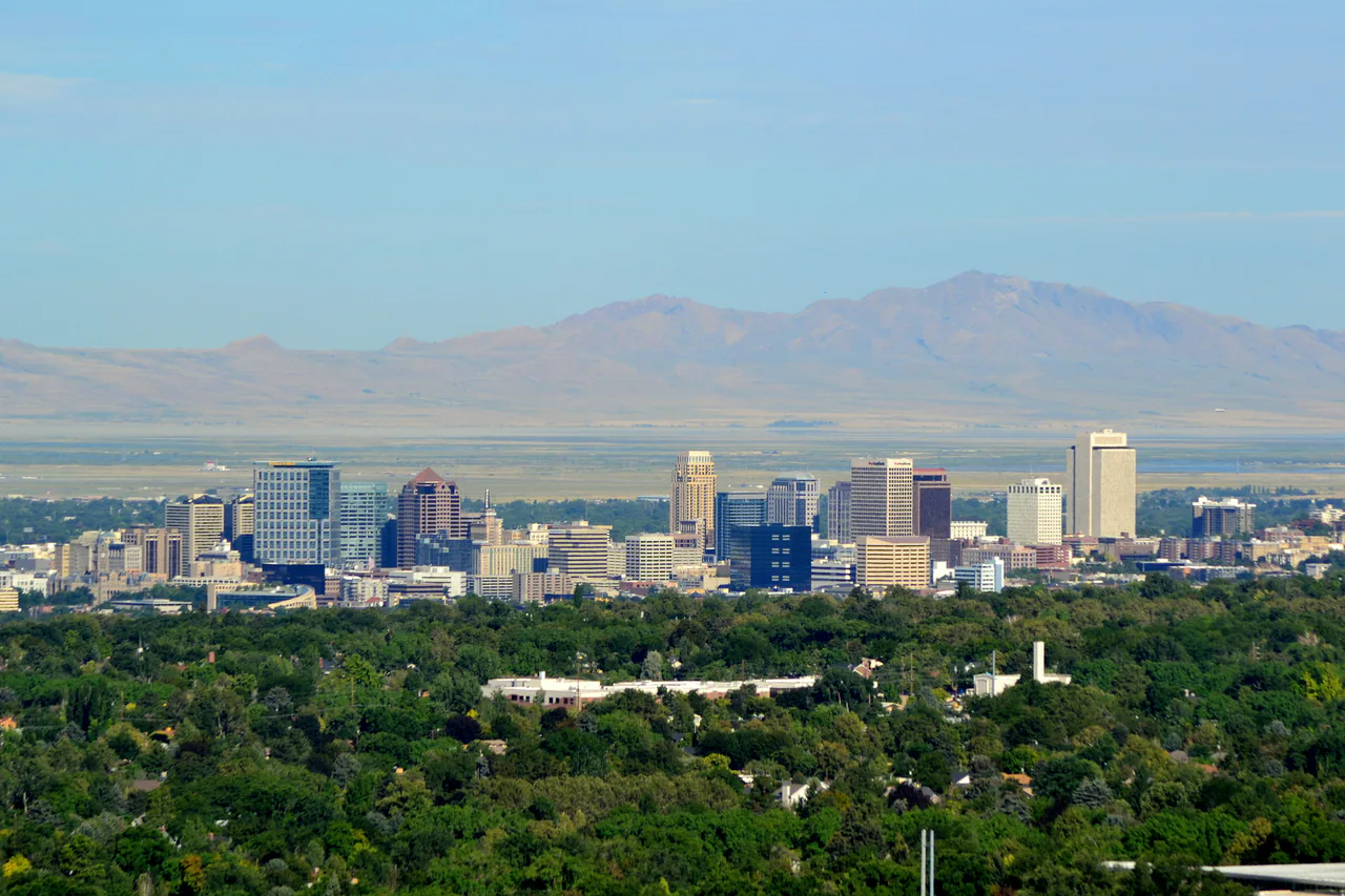 The Salt Lake City skyline with the Wasatch Range rising directly behind the downtown towers