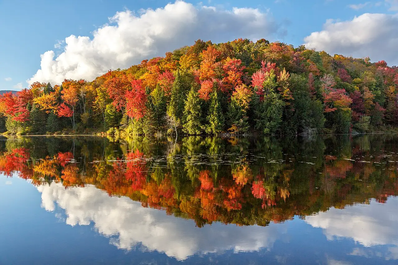 Rolling Vermont hills in peak fall color along a rural valley road