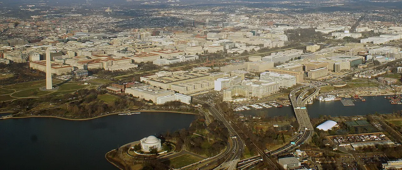 Aerial view along the National Mall with the Washington Monument and the Capitol