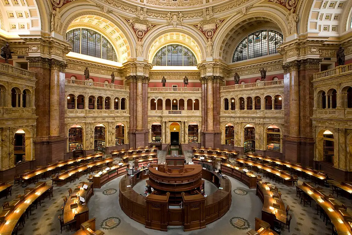 The domed Main Reading Room of the Library of Congress with its concentric desks