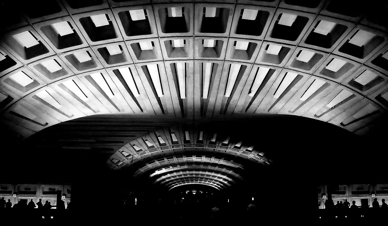 The coffered concrete vault of a Washington Metro station platform