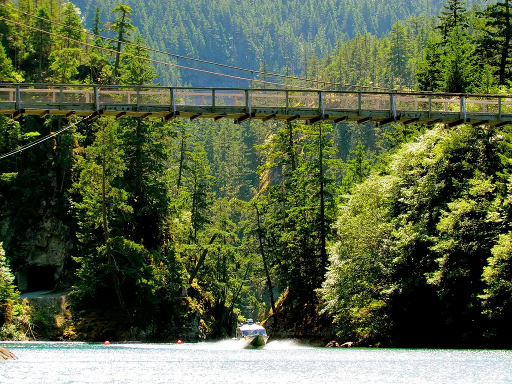 The turquoise water of Diablo Lake below forested peaks in North Cascades National Park