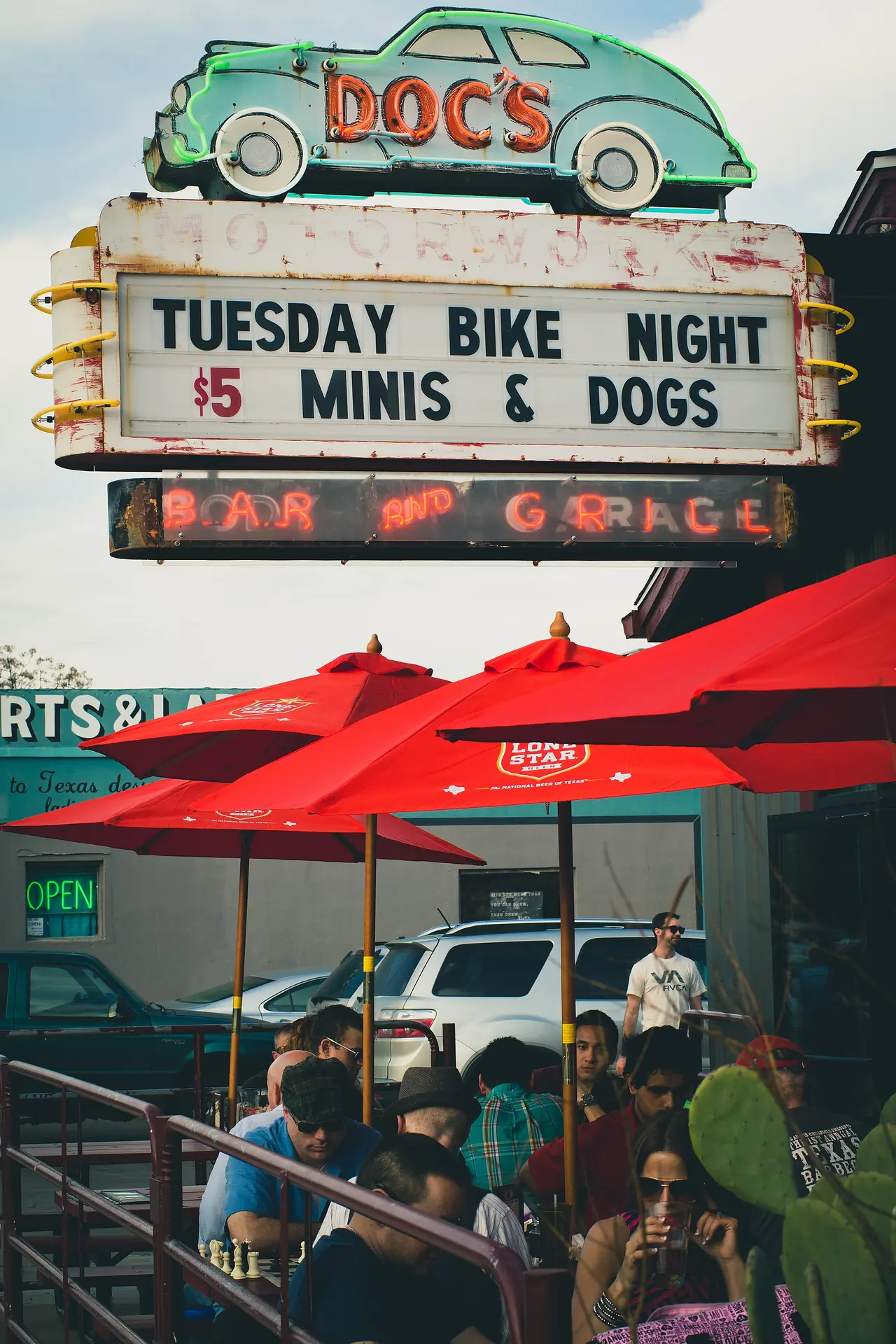Street scene with neon signs along South Congress Avenue in Austin