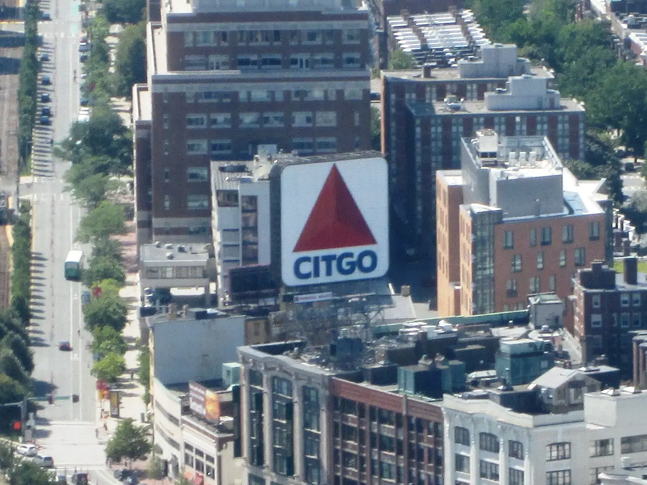 The Citgo sign above the rooftops of Kenmore Square in Boston seen from the Prudential Skywalk