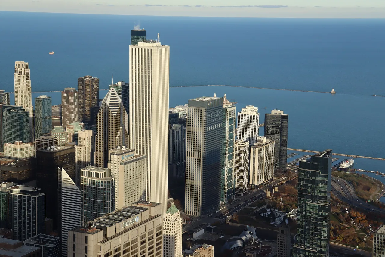 Downtown Chicago towers along the lakefront seen from above near Grant Park