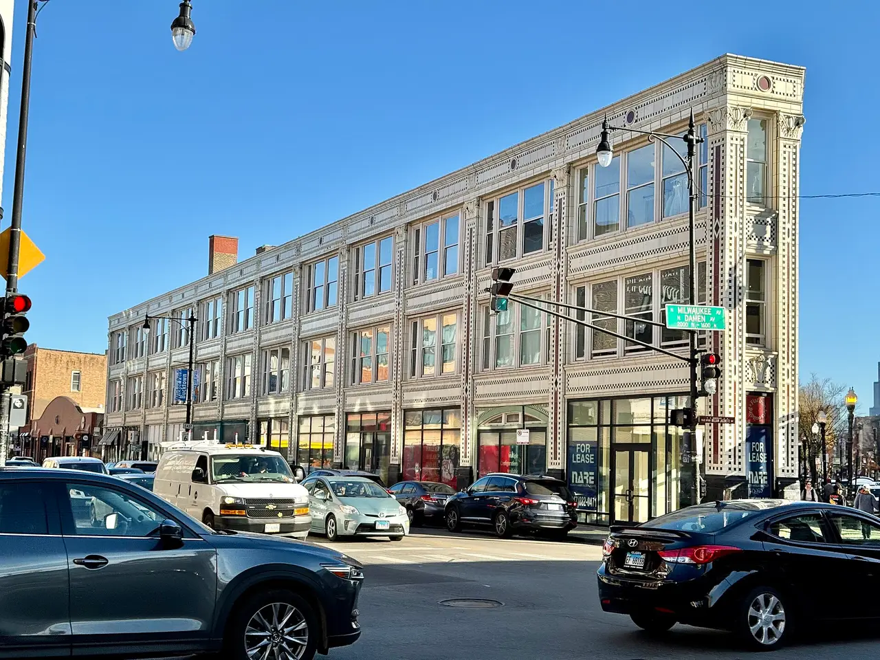 The wedge-shaped Flatiron Arts Building at the Milwaukee and Damen corner in Wicker Park