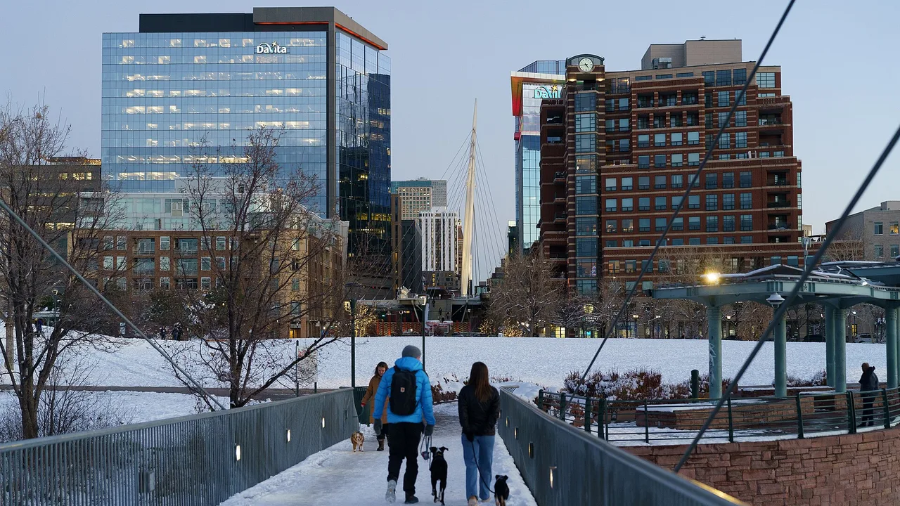 A snowy pedestrian bridge toward downtown Denver towers, with people walking dogs at dusk