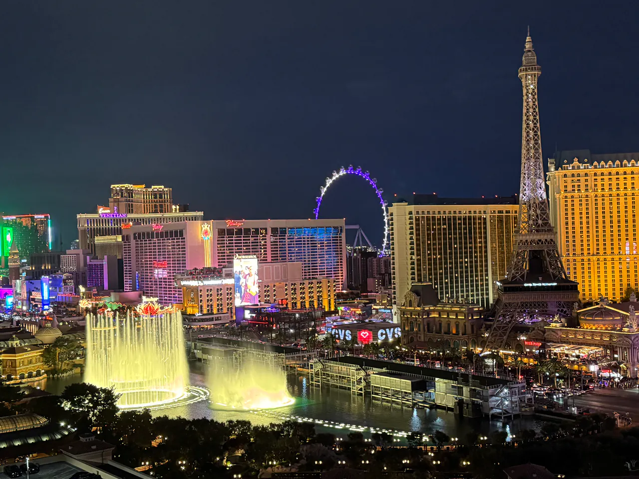 Hotel towers and casino resorts along the Las Vegas Strip seen from above at dusk