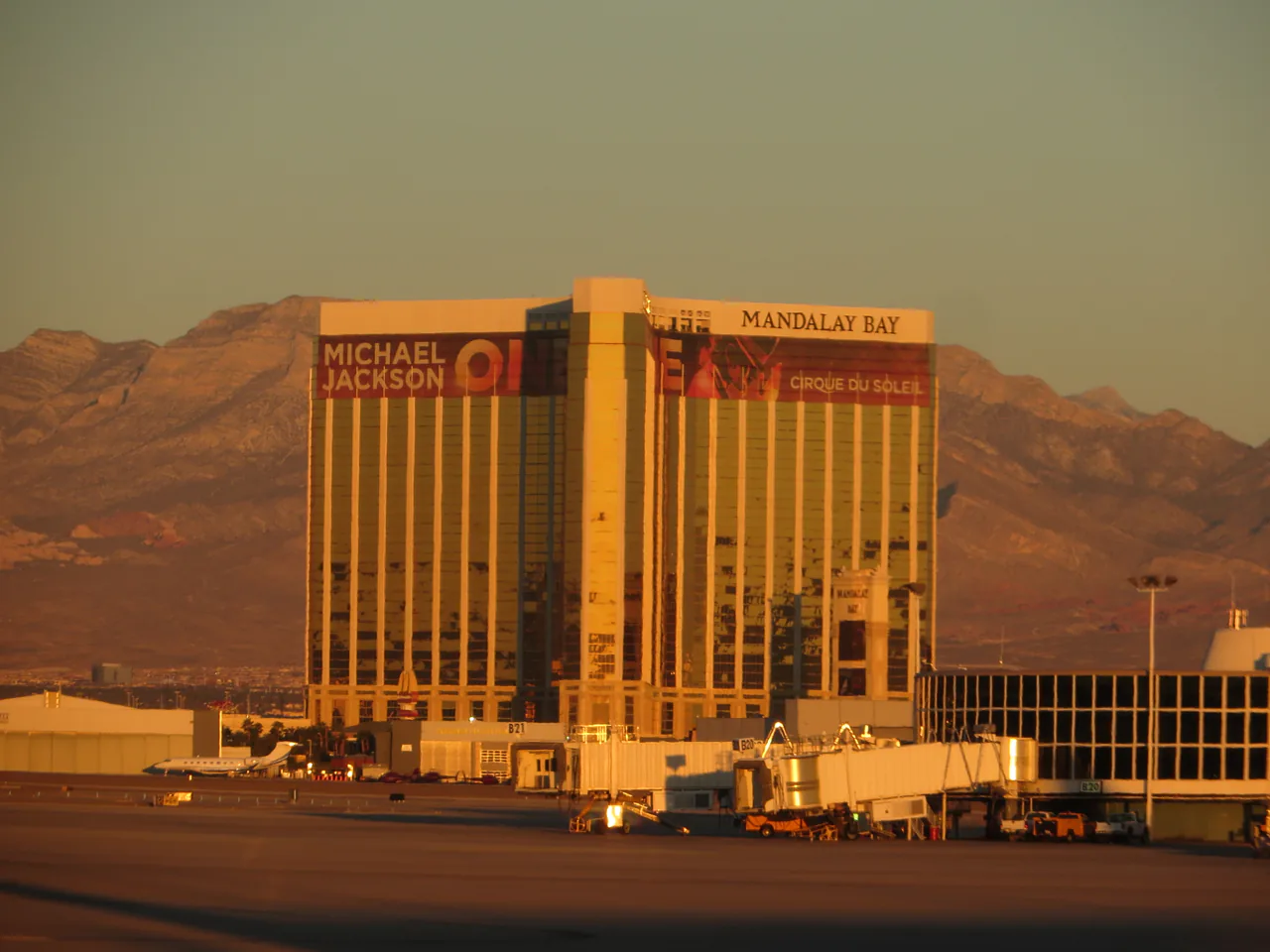 The gold towers of Mandalay Bay at the southern end of the Las Vegas Strip seen from the air