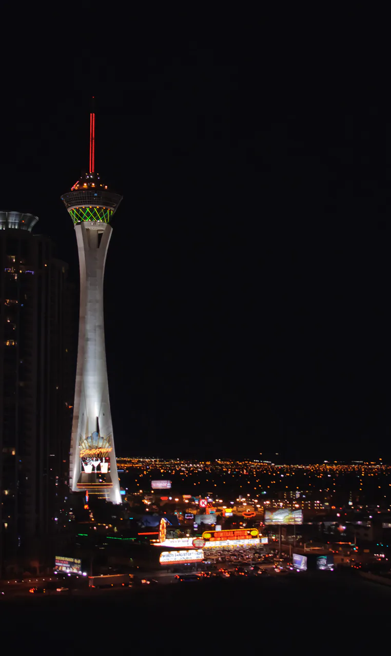 Looking along Sahara Boulevard at the northern end of the Las Vegas Strip with hotel towers beyond