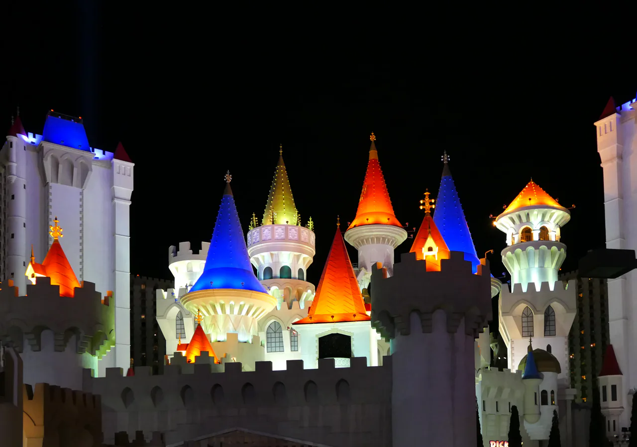 The castle towers of the Excalibur hotel and casino at the south end of the Las Vegas Strip