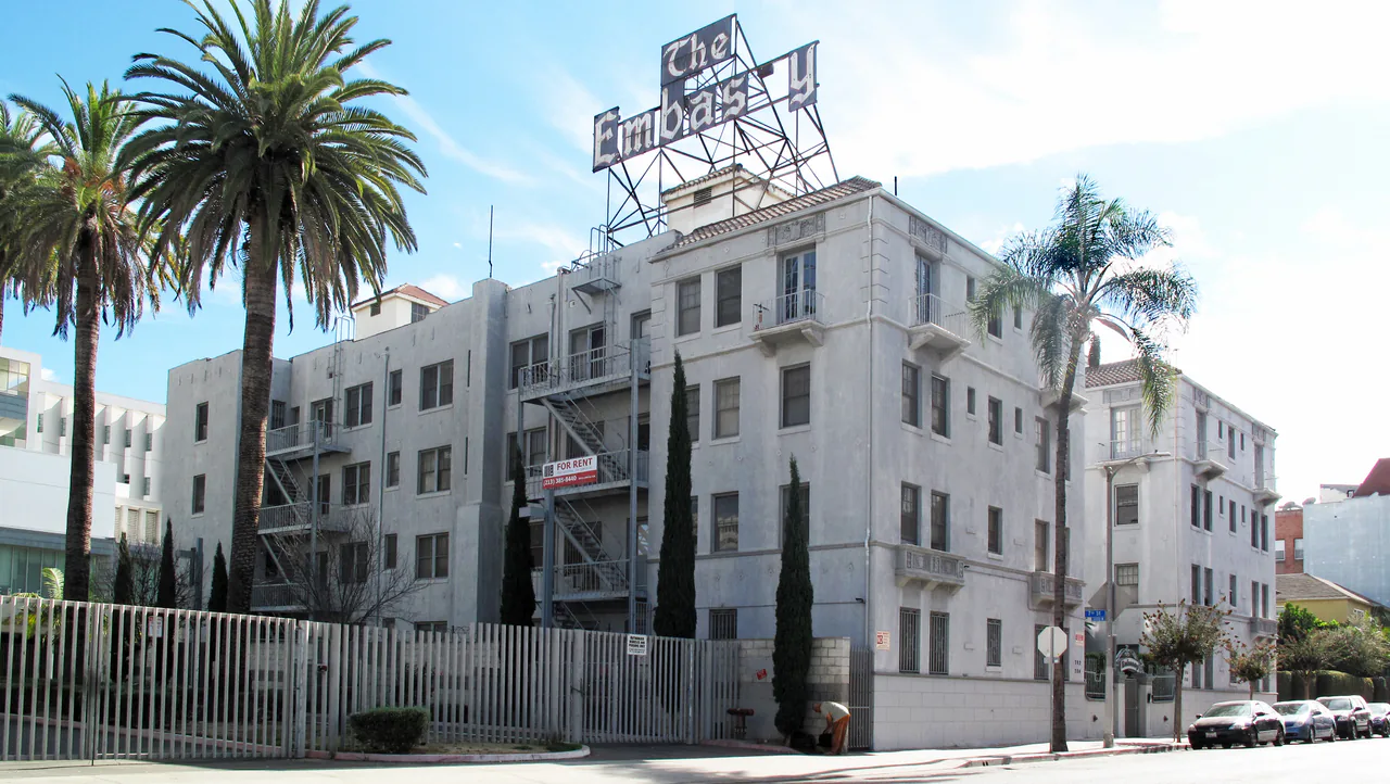 Apartment block with a large rooftop sign in Koreatown, Los Angeles