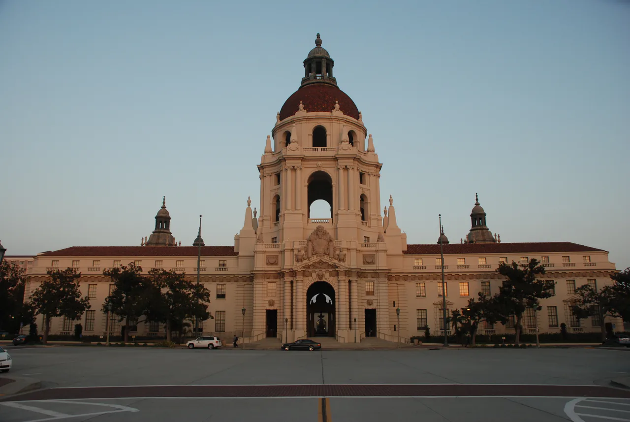 The domed tower and arcades of Pasadena City Hall in California