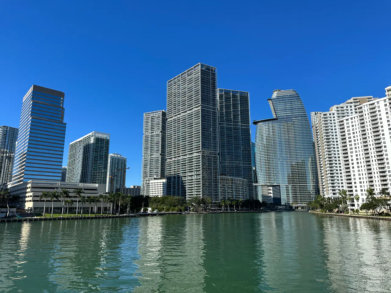 Downtown Miami and the Brickell towers seen across the water at dusk