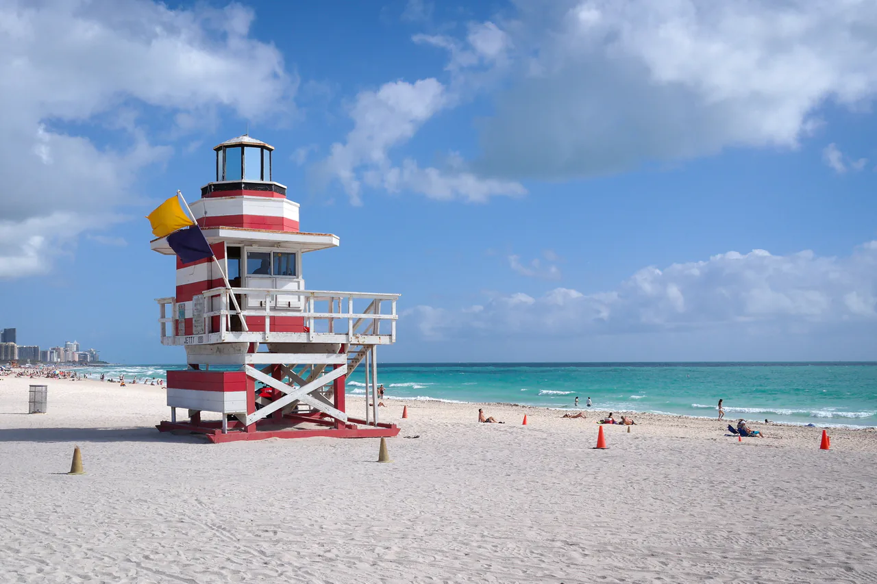 A lifeguard tower on the quiet beach at South Pointe, South of Fifth