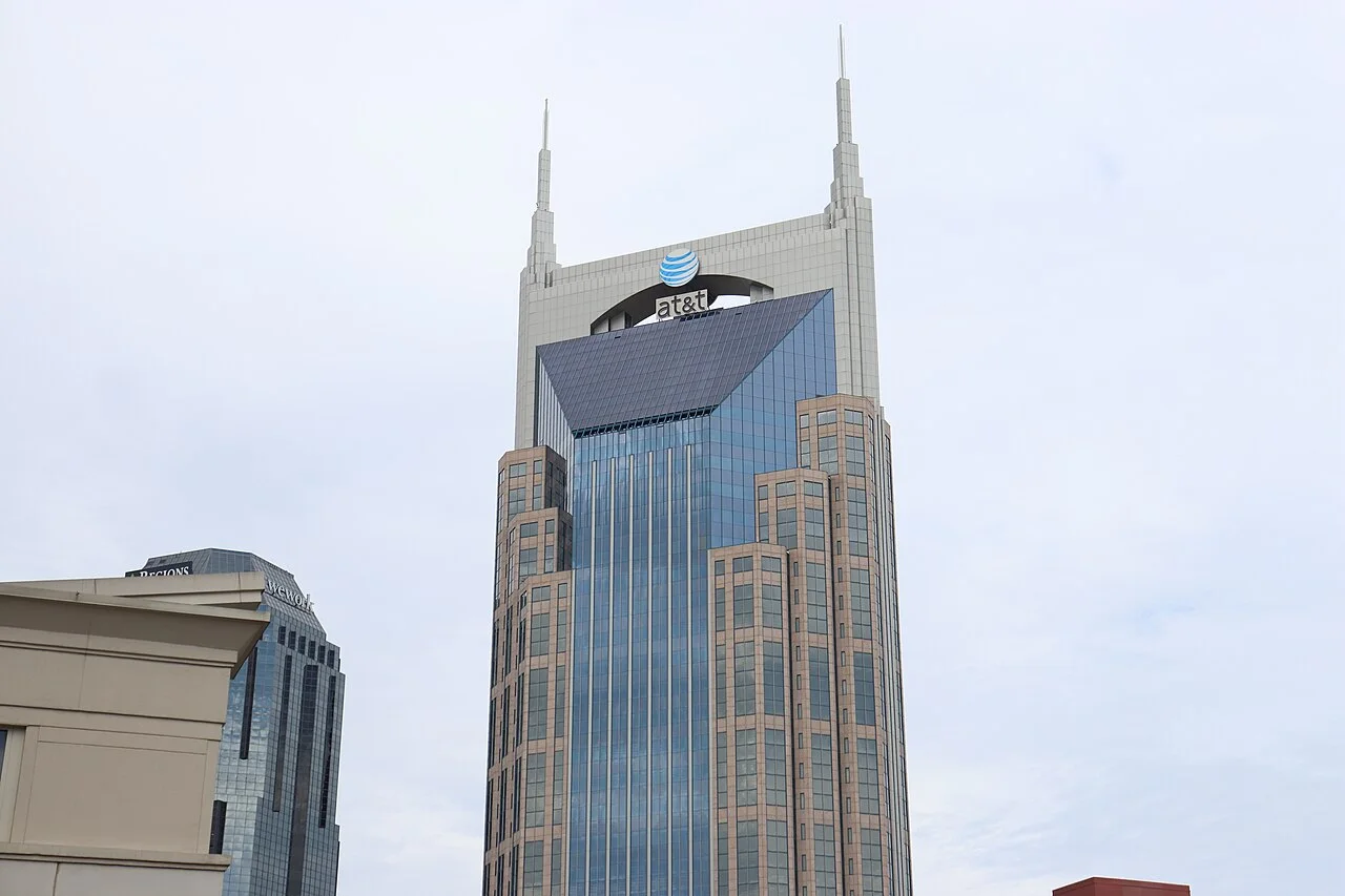 The AT&T Building, known locally as the Batman Building, rising over downtown Nashville