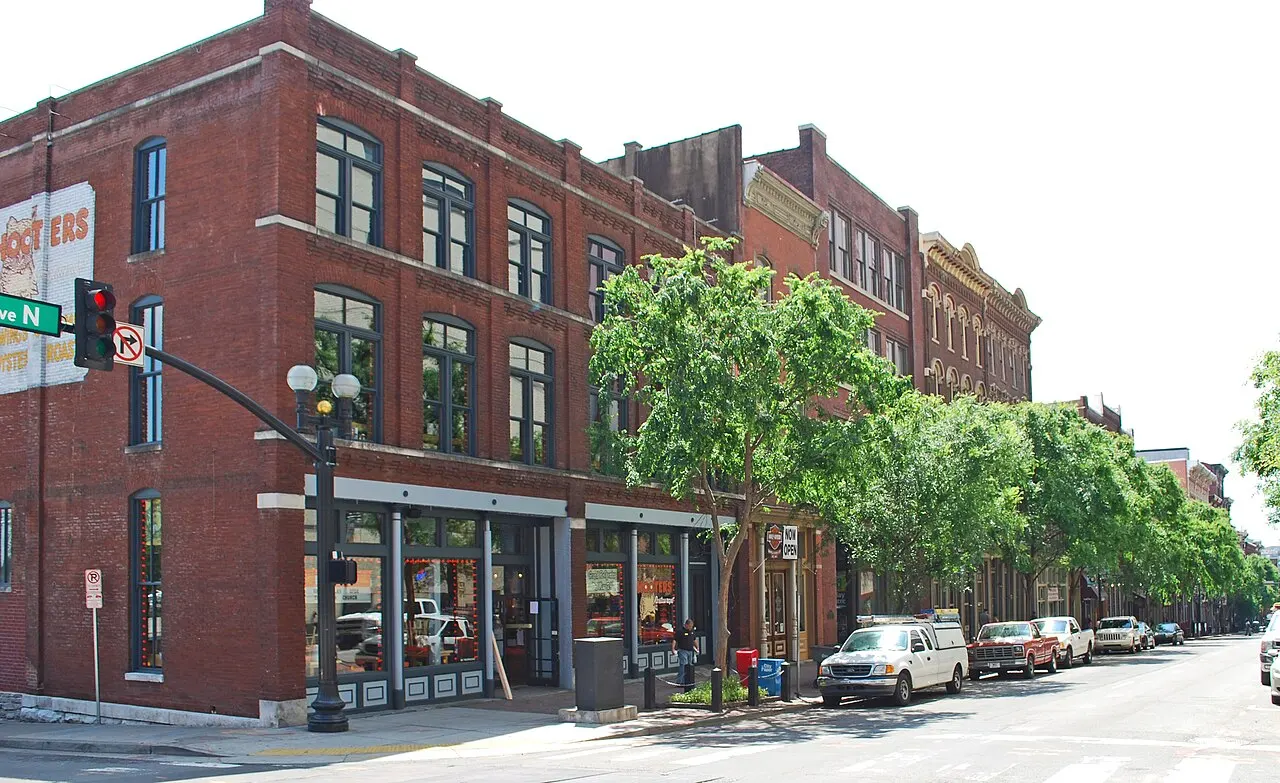 Nineteenth-century brick commercial buildings along Second Avenue in downtown Nashville