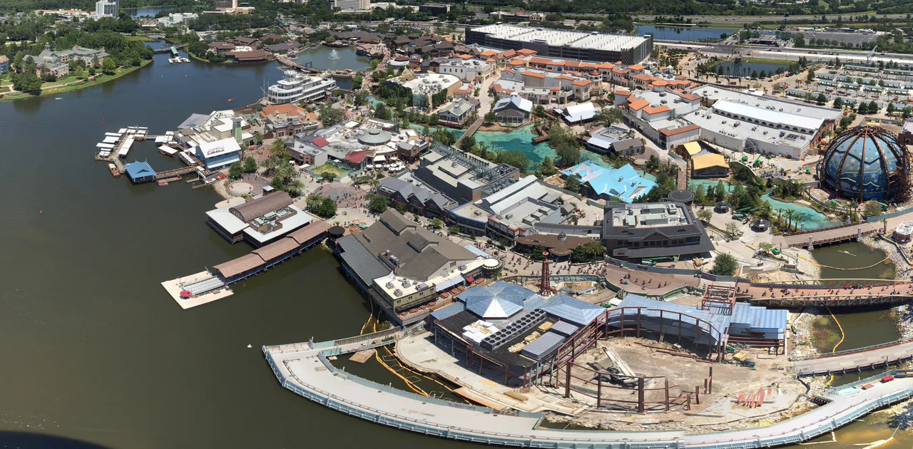 Aerial view of Disney Springs and its lakeside restaurants and shops