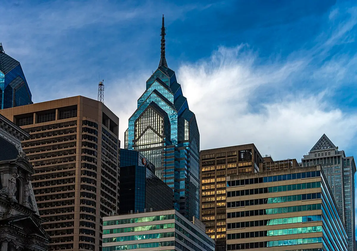 One Liberty Place and Center City towers seen from the street near City Hall