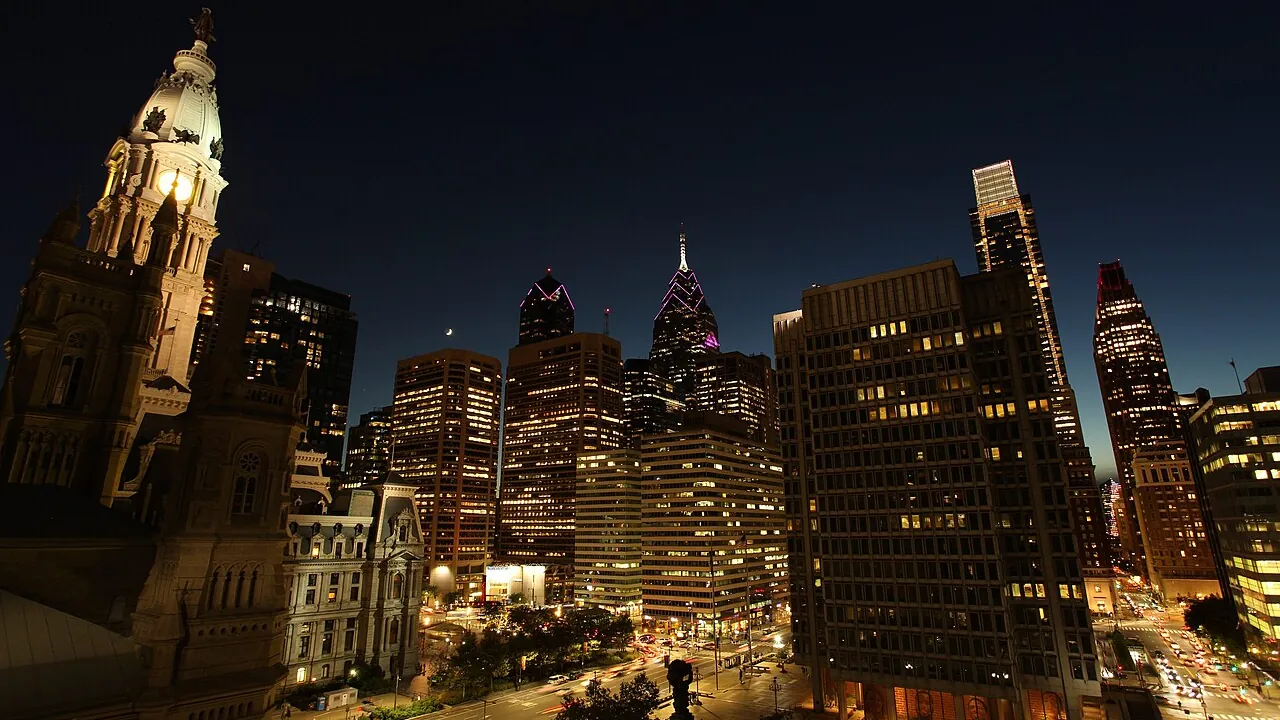 Center City Philadelphia skyline with office towers under a clear sky