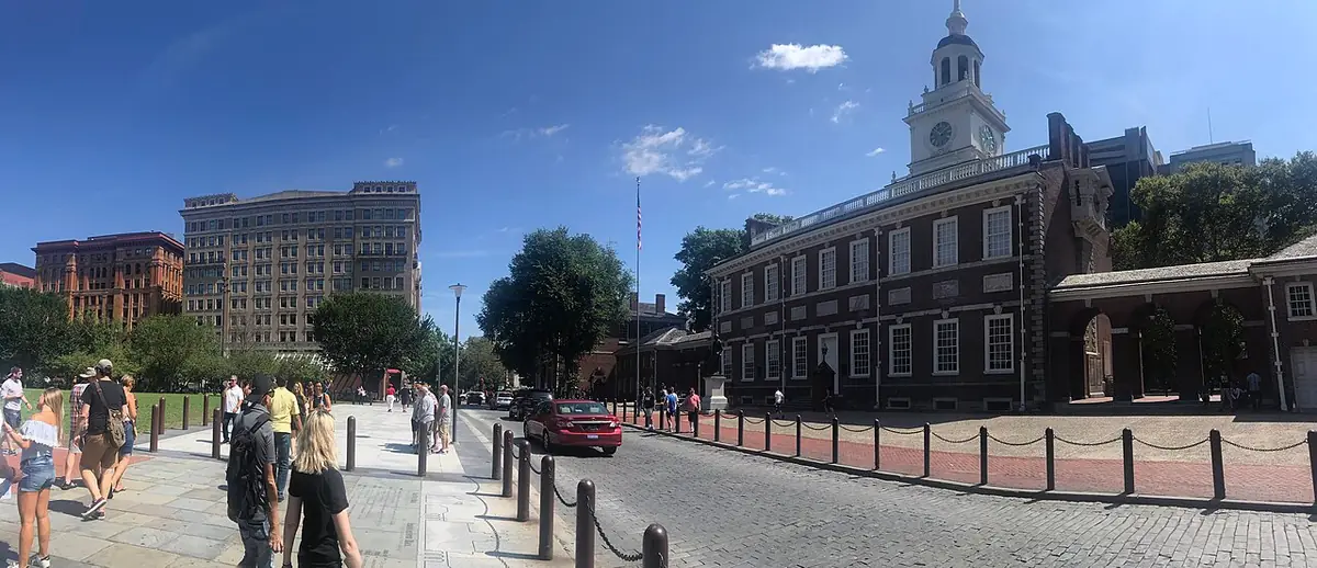 Chestnut Street with Independence Hall and pedestrians in Old City Philadelphia