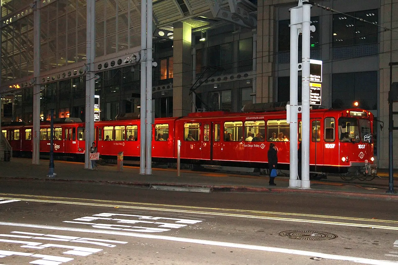 A San Diego Trolley light rail vehicle running through downtown San Diego