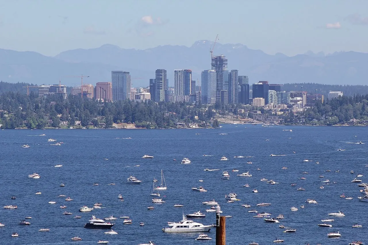 The downtown Bellevue skyline across Lake Washington seen from Leschi in Seattle