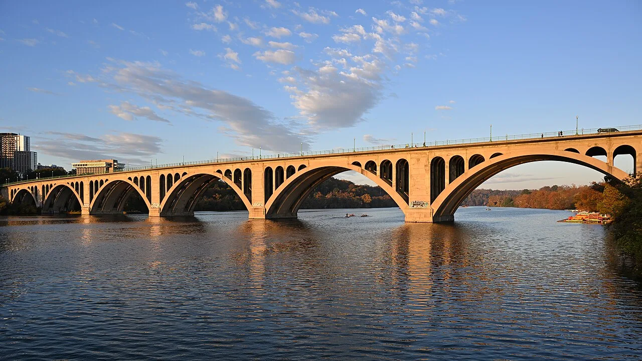 Key Bridge and the Georgetown waterfront along the Potomac in Washington DC