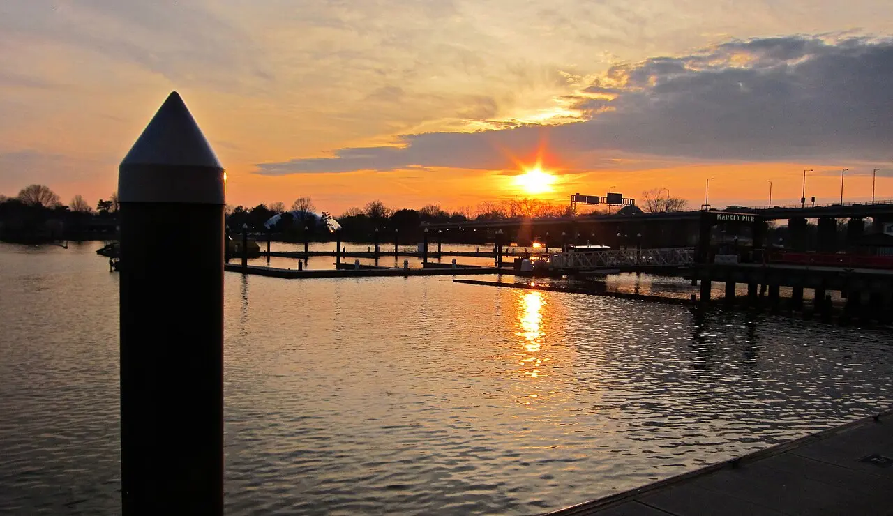 Boardwalk and buildings along The Wharf waterfront in southwest Washington DC