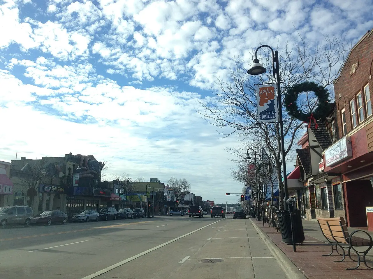 Broadway streetscape with shops and signs in downtown Wisconsin Dells