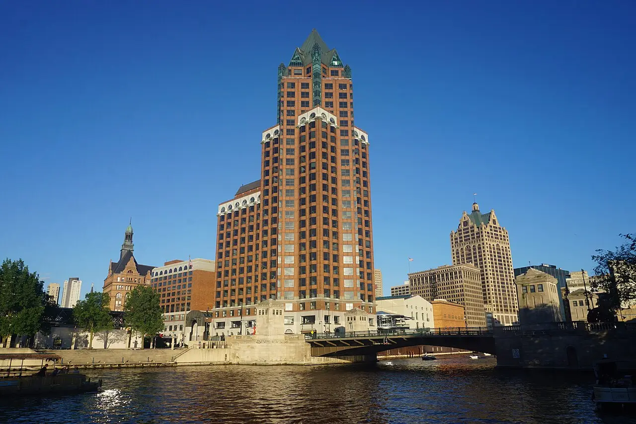 Downtown Milwaukee skyline across the harbor on a clear summer day