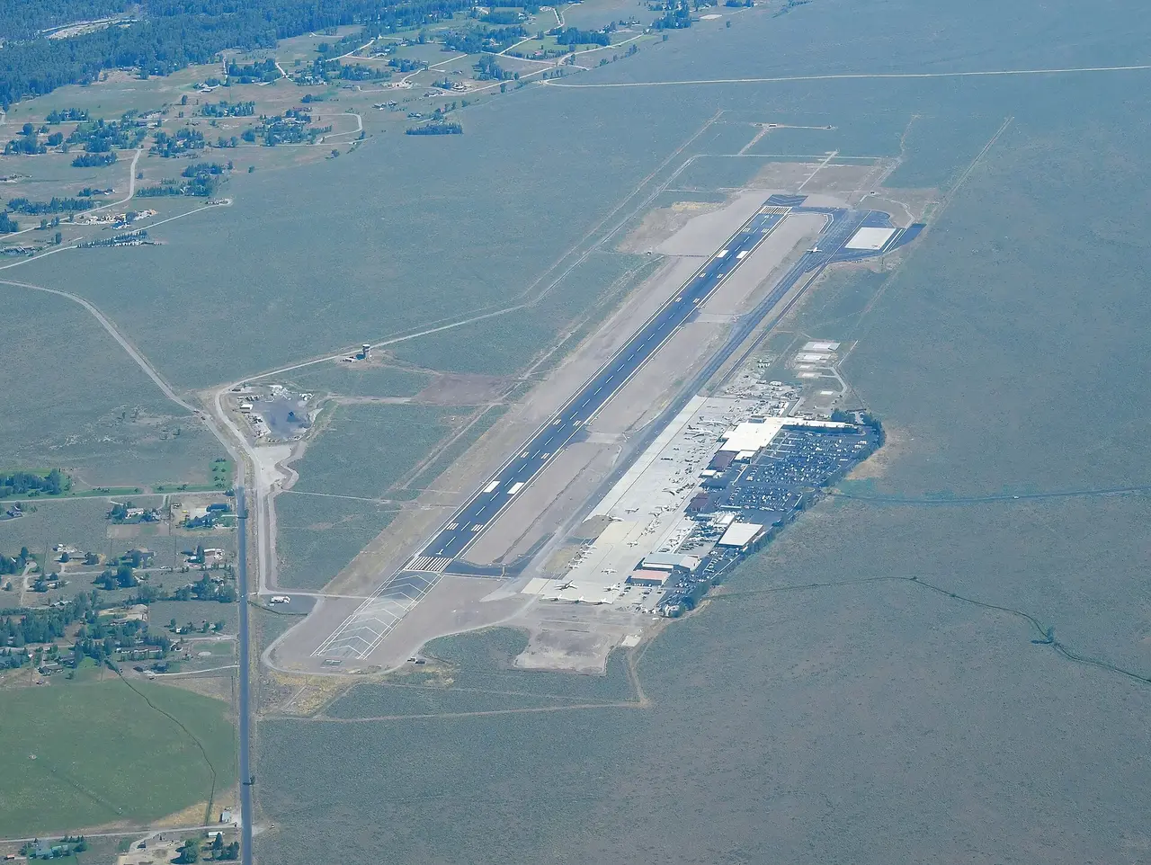 Aerial view of Jackson Hole Airport surrounded by Grand Teton National Park
