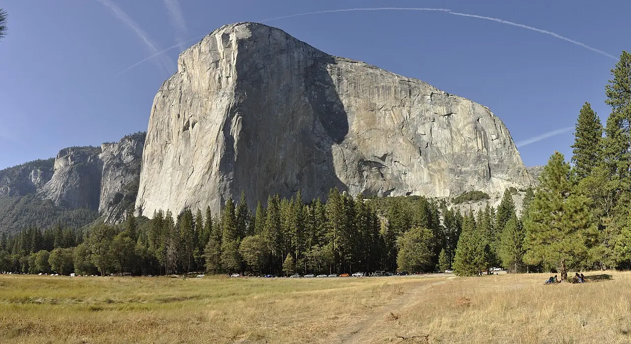 El Capitan seen across the meadow in Yosemite Valley, one of the park's most popular pull-outs