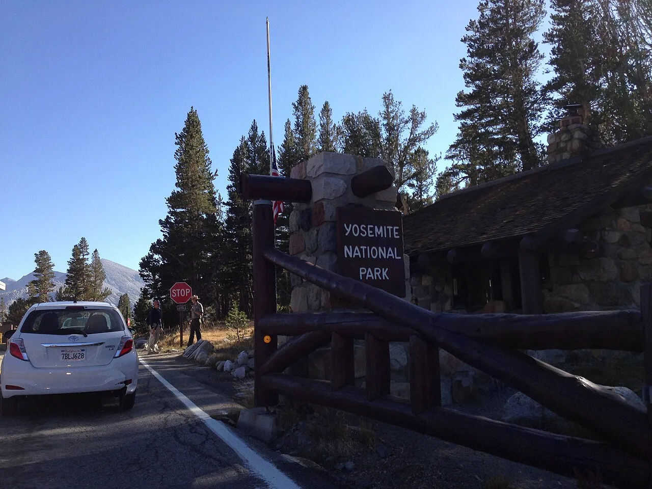 The entrance sign to Yosemite National Park at the Tioga Pass entrance station