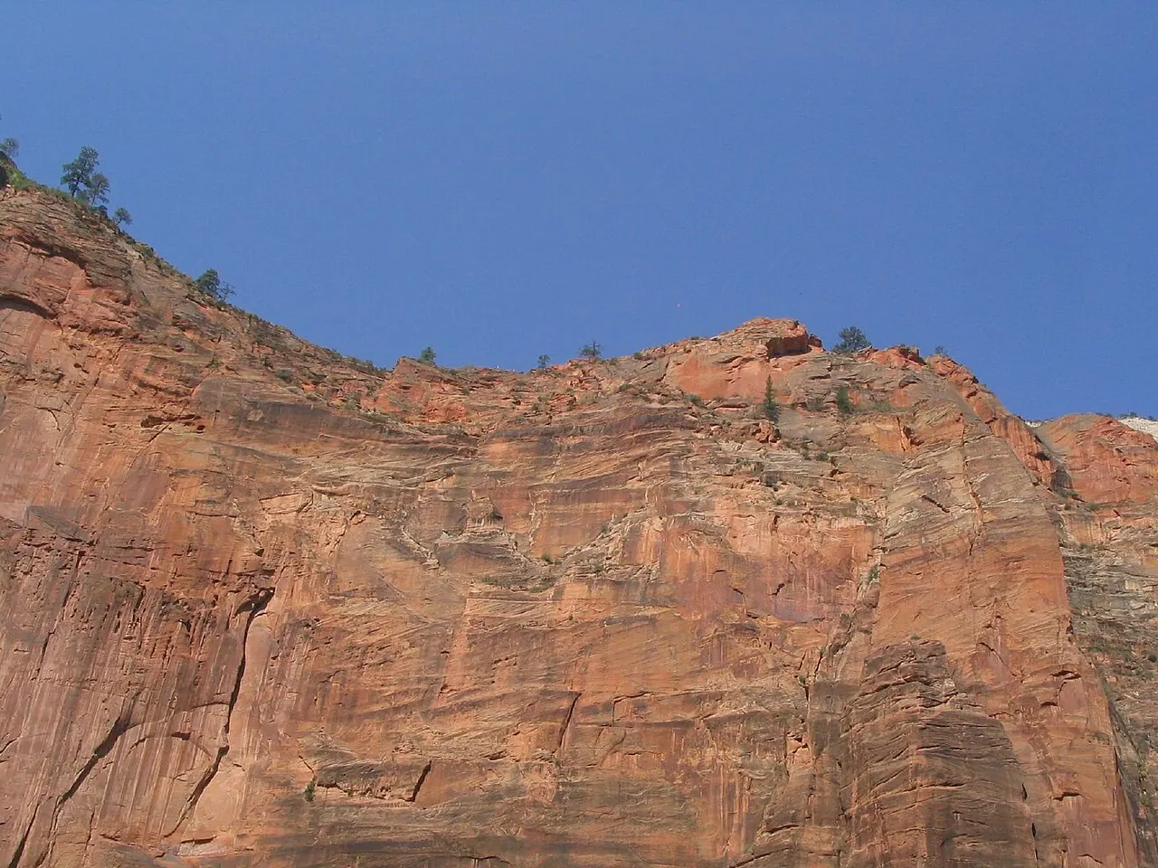Hikers strung out along the narrow rock spine of the Angels Landing route above Zion Canyon